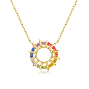 S925 silver sunflower necklace with colorful zircon pendant on a gold chain