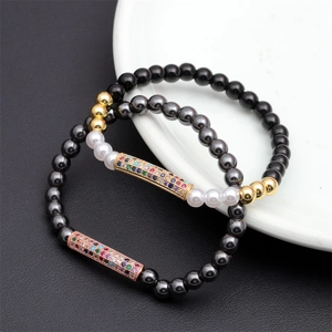 Beaded Bracelet Tiger Eye Matte Stone With Colorful Cubic Zirconia Curved Tube Elastic Minimalist Fashion Jewelry