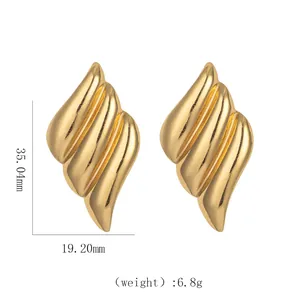 Detailed view of gold stainless steel wavy earrings with size labels 35mm by 19mm