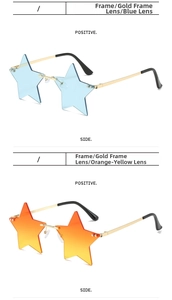 Star-shaped rimless sunglasses in gold frame with blue and gradient orange lenses