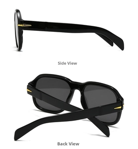 Detail view of square black sunglasses showing side gold arrow hinge and back frame angle