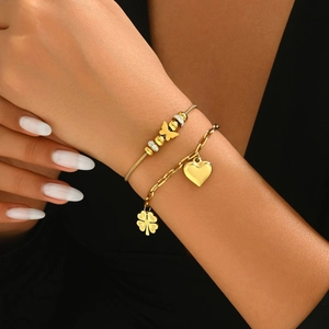 Bracelet en Acier Inoxydable Papillon Cœur Trèfle à Quatre Feuilles pour Femme Plaqué Or Strass Perles Boucle OT Bijoux Mode
