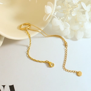 18K gold plated stainless steel double chain bracelet with circle charm and bead links