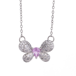 Elegant silver butterfly necklace featuring a pink pear-cut stone and white zircon stones