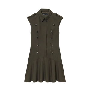 Military Style Sleeveless Mini Dress Women Double Breasted Lapel Padded Shoulder Pleated Hem Olive Green Polyester