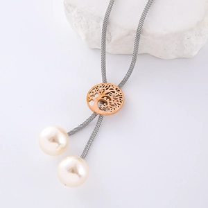 Lariat necklace with mesh metal chain, golden tree of life pendant and beige faux pearls