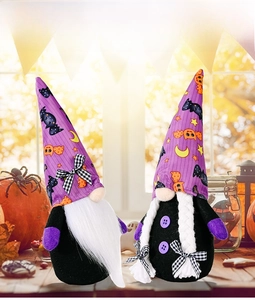 Close-up of purple Halloween gnomes with bat patterns and autumn window scene background