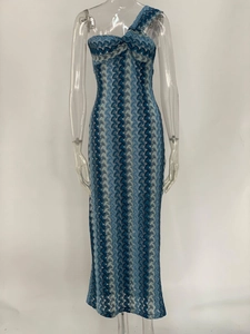 Detailed blue gradient lace pattern and scalloped crochet knit on a slim-fit maxi dress