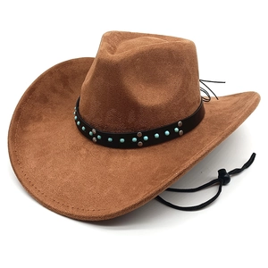 Brauner Western-Cowboyhut aus Wildlederimitat mit Ethno-Perlenband und Kinnriemen