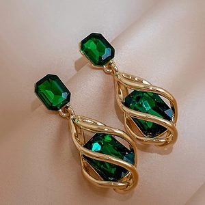 Vintage Emerald Green Rhinestone Drop Earrings With 925 Sterling Silver Earring Post Geometric Alloy Jewelry For Women