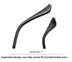 Detailed macro view of ergonomic matte black sunglasses temple with HT-KM221184-1 model code