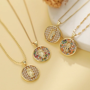Virgin Mary Pendant Necklace 18K Gold Plated Copper Round Medal Relief Colorful Zircon Religious Jewelry Women Retro