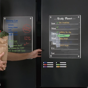Close-up of clear acrylic weekly calendar and memo boards with 6 magnetic markers on a fridge