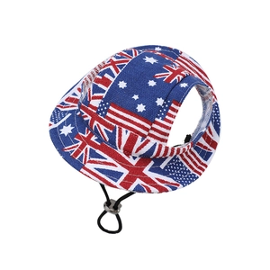 Detail of canvas pet sun hat with Australian flag print and adjustable chin strap