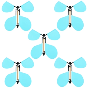 Detailed view of five light blue mechanical magic flying butterfly toys made of plastic
