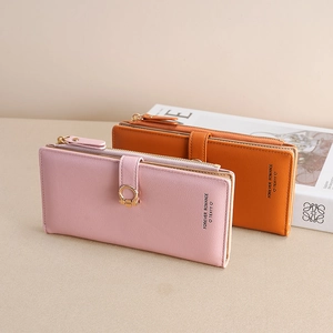Lange Leder-Geldbörsen in Pink und Orange mit goldener Ringschnalle und feiner Textur