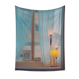 Detail view of a vintage window tapestry featuring a warm lamp and retro radio aesthetic