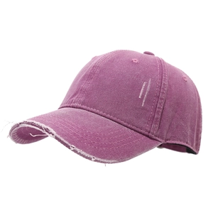 Vintage washed cotton baseball cap in dark purple with distressed brim and side stripes