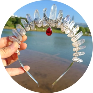 Boho Kristall Krone Haarreif mit weißem Quarz Mond Seestern und Muschel Akzenten