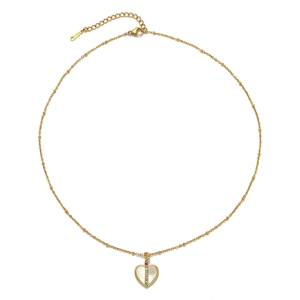 Detailed close-up of golden stainless steel heart pendant with white shell and colored gems