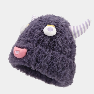 Funny purple monster knit hat with cartoon horns and big eyes for winter warmth