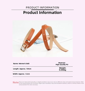 Detail view of a 104cm brown PU leather skinny belt with a gold metal pin buckle