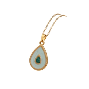 Dual-tone fluorescent teardrop pendant necklace in stainless steel with green gemstone