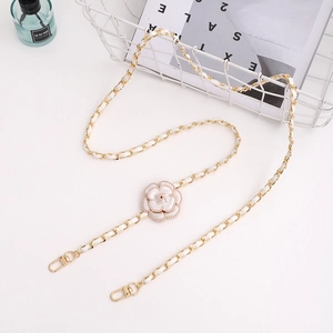 Light gold metal chain strap with white woven leather and elegant camellia flower