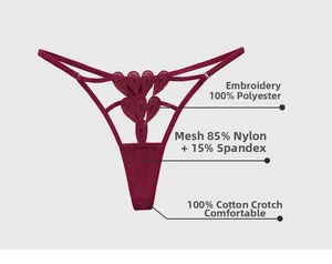 Detailed view of wine red lace thong showing embroidery and cotton crotch material