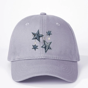 Light purple cotton baseball cap with denim star print and fine metal chain detail