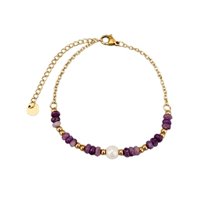 Golden stainless steel chain bracelet with purple tiger eye stones and a white pearl accent