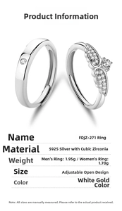 Detail view of adjustable S925 silver couple rings with angel wing design and CZ accents