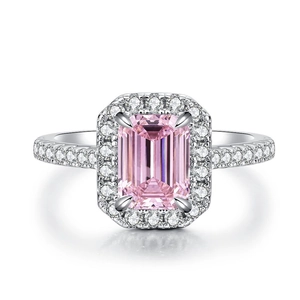 S925 sterling silver ring with 2 carat emerald cut pink diamond and halo accents