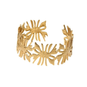 Elegant gold irregular leaf open cuff bracelet with vintage stainless steel texture
