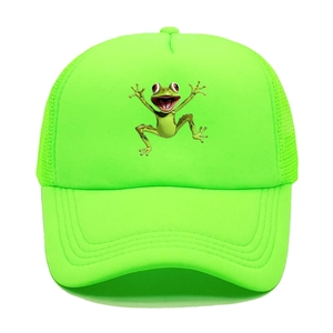 Close-up of vibrant green trucker hat featuring a 3D cartoon frog print and mesh back