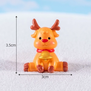 Miniature sitting Christmas reindeer figurine in bright orange with golden bell, 3.5cm height