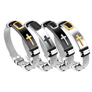 Men Stainless Steel Cross Bracelet Adjustable Milanese Mesh Strap Religious Scripture Fashion Hip Hop Jewelry