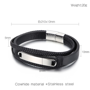 Detail view of multi-layer leather bracelet with stainless steel magnetic clasp and dimensions