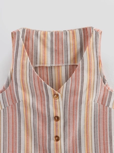 Detail of V-neck sleeveless top with rainbow stripes and brown buttons in cotton linen