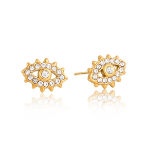 Macro shot of 18K gold plated evil eye stud earrings with cubic zirconia inlay details