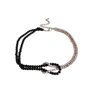Double-layer beaded necklace with clear rhinestones and black beads knotted design