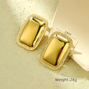 Detail view of 18k gold plated rectangular earrings with white crystal inlay and dimensions