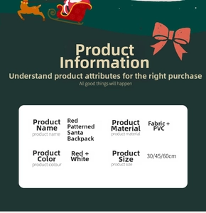 Detailed size specifications and materials chart for the red Santa Claus backpack