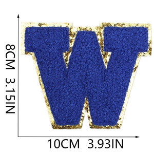 Detail view of blue letter W towel embroidery patch with gold glitter edge and dimensions