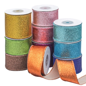 Glitter Christmas ribbon rolls in assorted colors for holiday gift wrapping and DIY decor