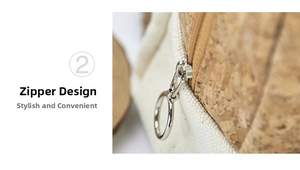 Detail of durable cork and white cotton canvas stitching with metal ring zipper puller