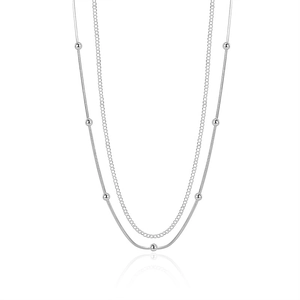 Elegant S925 sterling silver double-layer snake chain necklace with small round silver beads