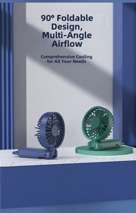 Dual blue and green handheld folding USB fans showing the 90-degree adjustable joints