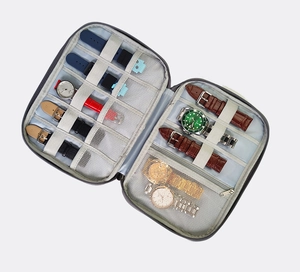 Internal layout of grey dual-layer watch strap organizer with mesh pockets and elastic slots