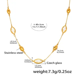 Detailed view of 18k gold plated stainless steel necklace with water-drop glass charms